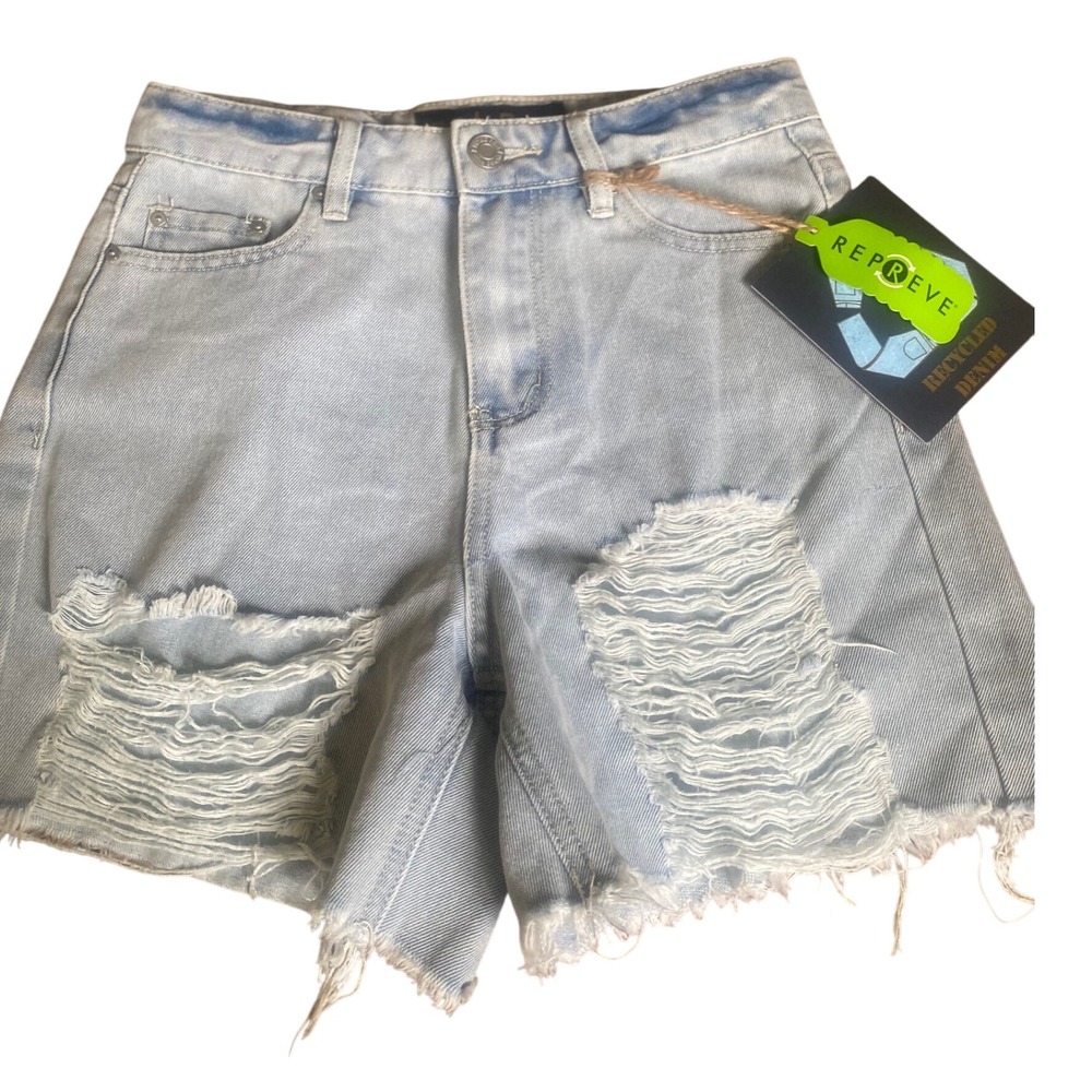 Indigo Rein Denim Shorts Ripped Distressed High Waist Recycled Light‎ Wash 3